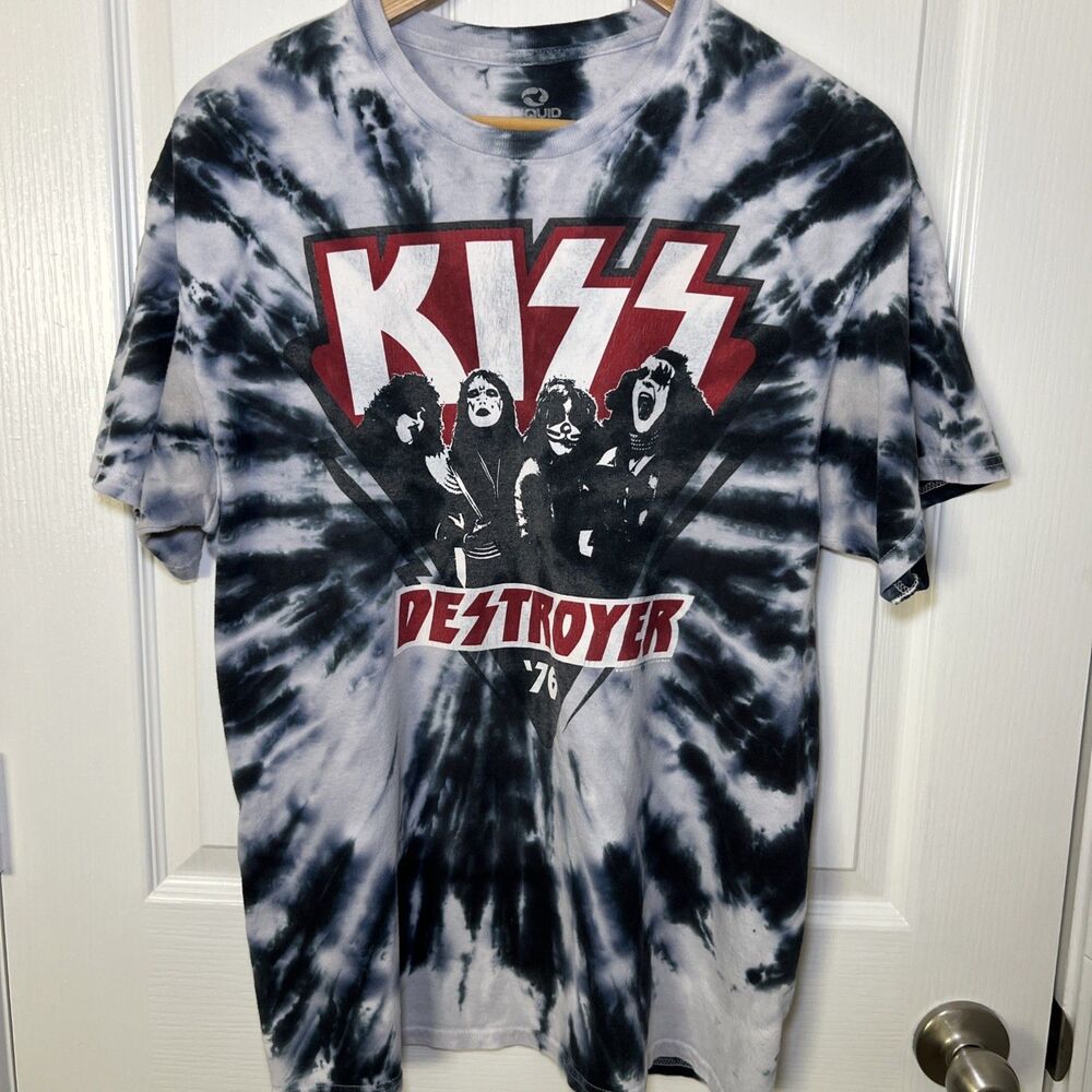 Vintage Liquid Blue KISS Destroyer 76 Tie Dye Graphic T-Shirt Size Large